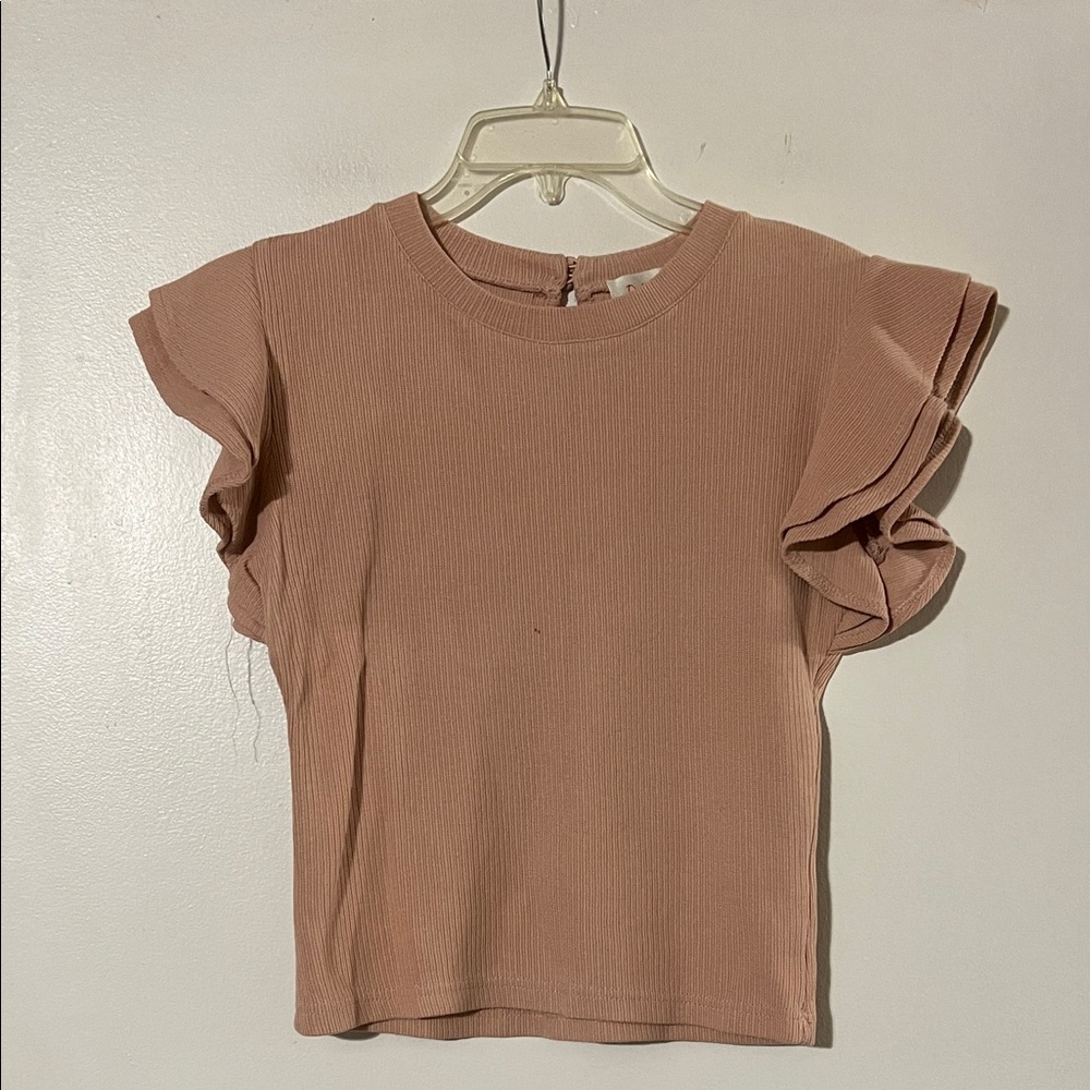 Deletta Anthropologie pink ribbed double ruffle cap sleeve top